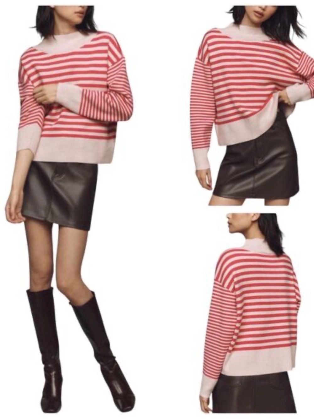 Anthropologie Maeve Carys Mock Neck Sweater Pink Blush Striped Cropped Small